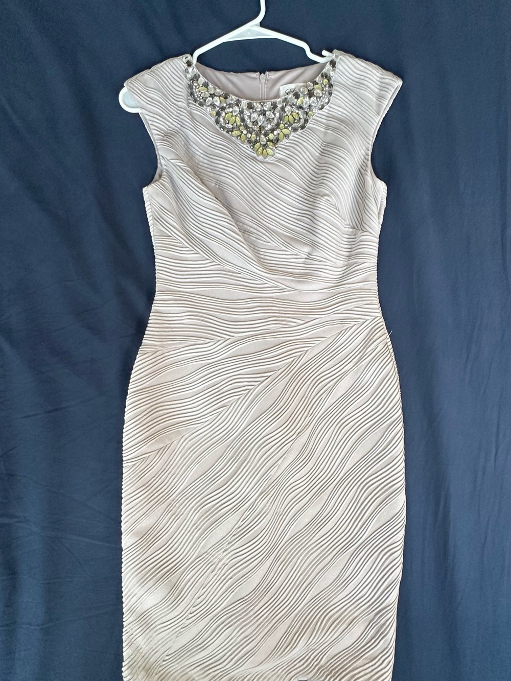 Light Gray Textured Sheath Dress with Embellished Neckline | Cocktail